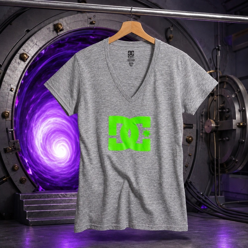 DC Shoes Womens Grey Neon Green Logo V-Neck Graphic Tee Small Skate Streetwear
